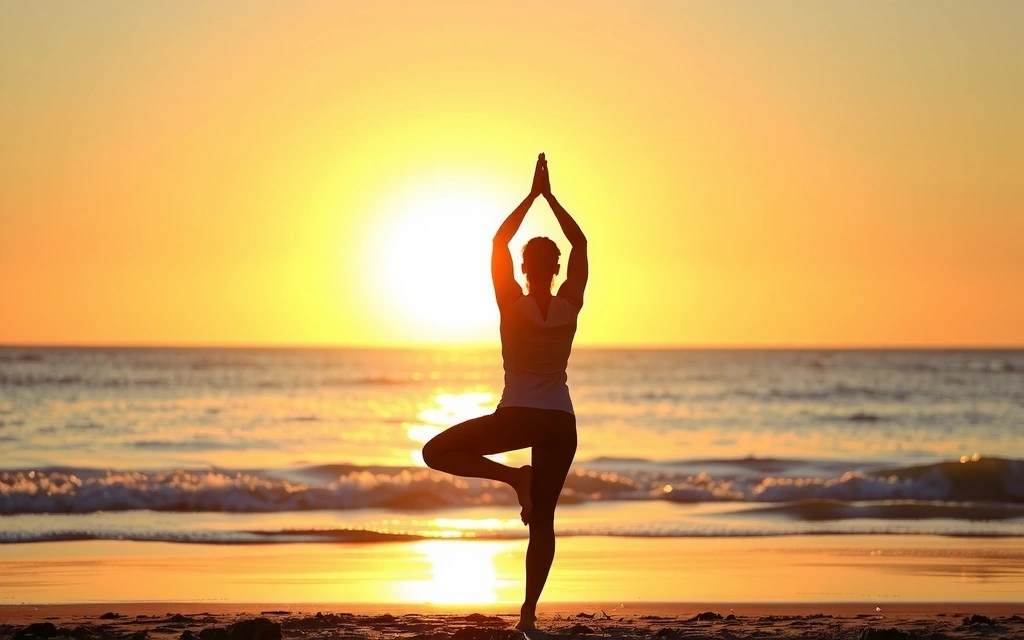 Persona practicando yoga al atardecer en una playa, simbolizando salud y bienestar holístico