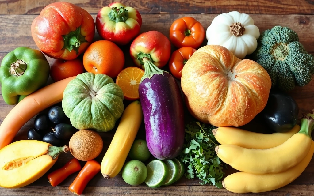 Variedad de frutas y verduras frescas sobre una mesa de madera rústica, representando alimentación saludable