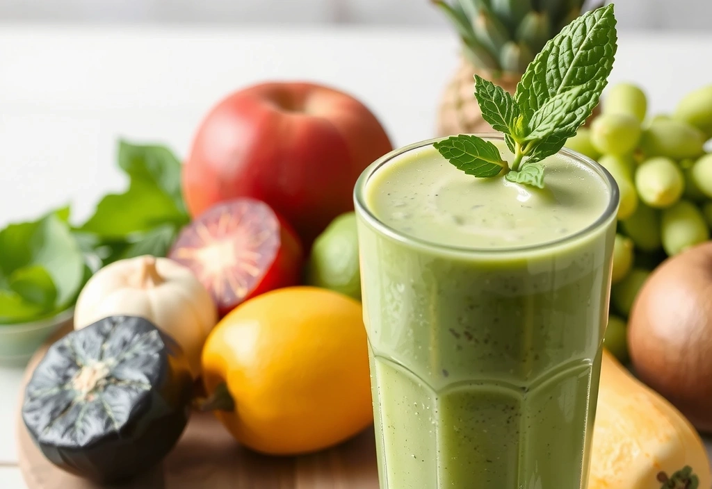 Batido verde cremoso en un vaso alto, adornado con una hoja de menta, con frutas y verduras frescas al fondo.