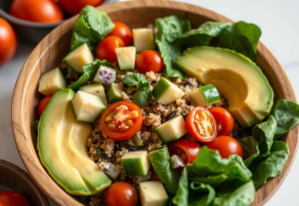 Ensalada fresca de quinoa con aguacate, tomates cherry, pepino y aderezo de limón, servida en un tazón de madera.