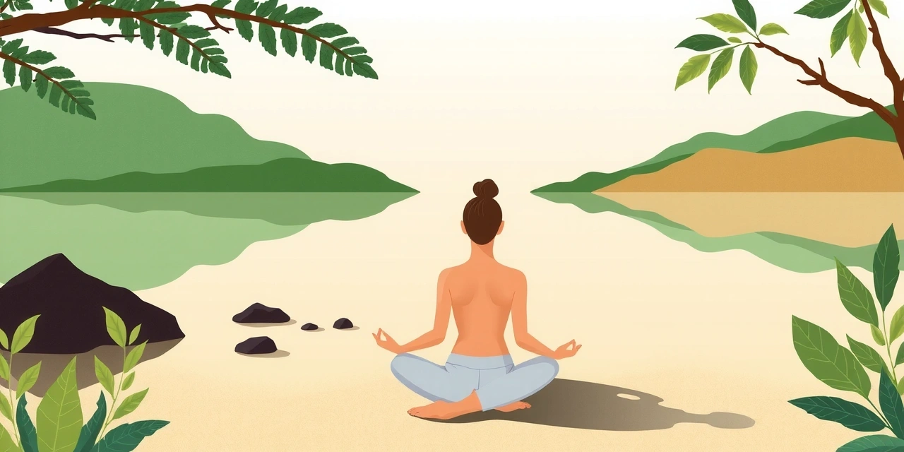 Ilustración de una persona meditando en un entorno natural rodeada de elementos que simbolizan salud y armonía, como plantas, agua y luz suave.