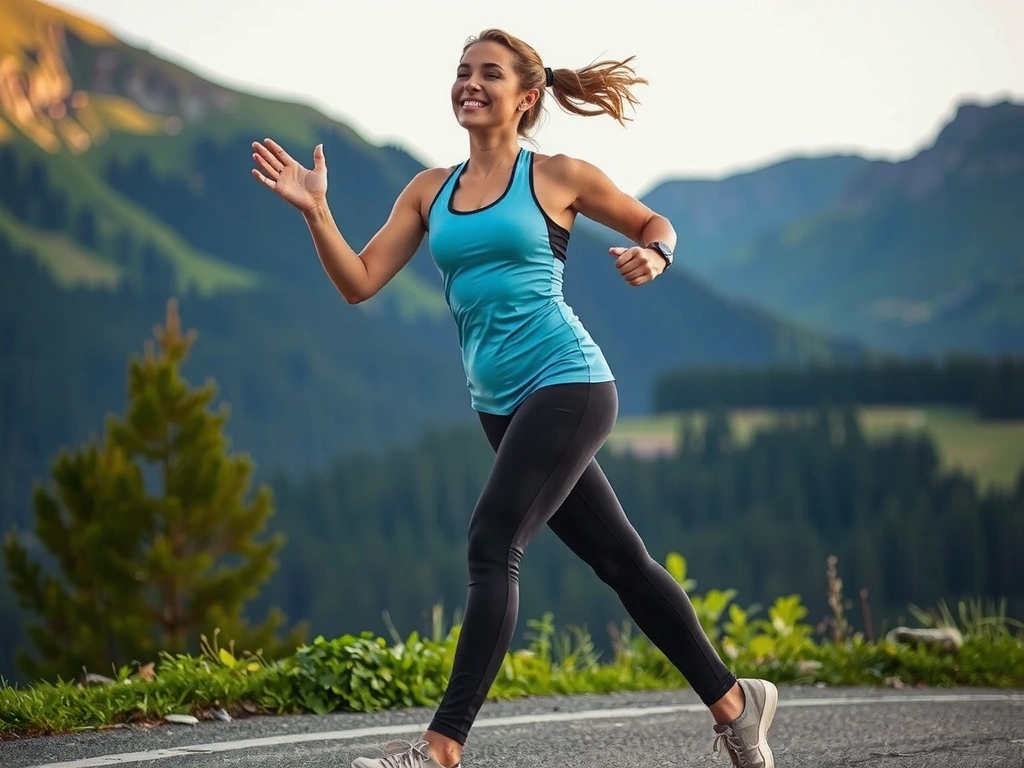 Persona realizando ejercicio al aire libre, como correr o hacer yoga, con un paisaje natural de fondo, transmitiendo energía y vitalidad.