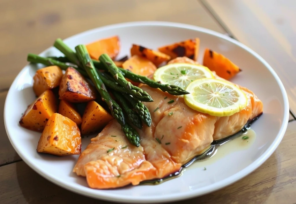Salmón al horno con espárragos y patatas dulces asadas, en un plato de cerámica blanca, listo para servir.