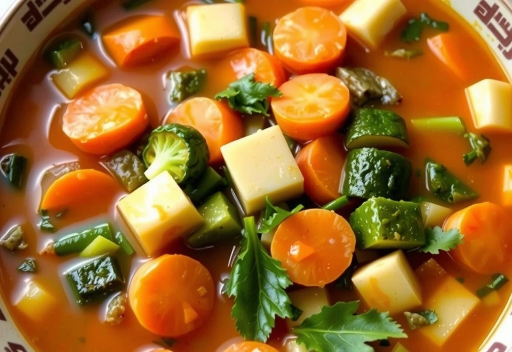 Sopa de verduras casera con trozos grandes de zanahoria, apio, calabacín y hojas verdes, en un tazón rústico.